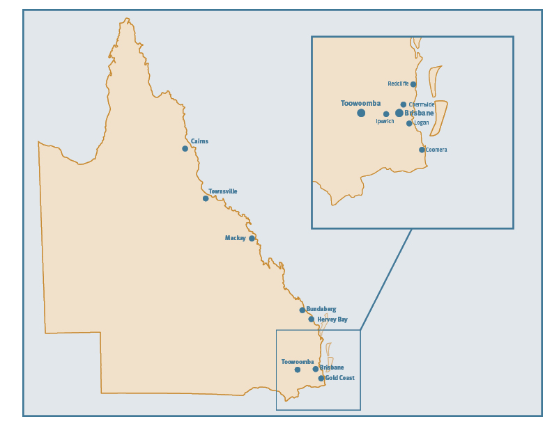 Map showing Queensland hospitals integrating arts in health