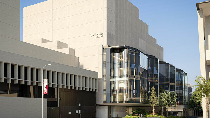 A render of Glasshouse Theatre featuring a distinct sweeping curved glass façade.