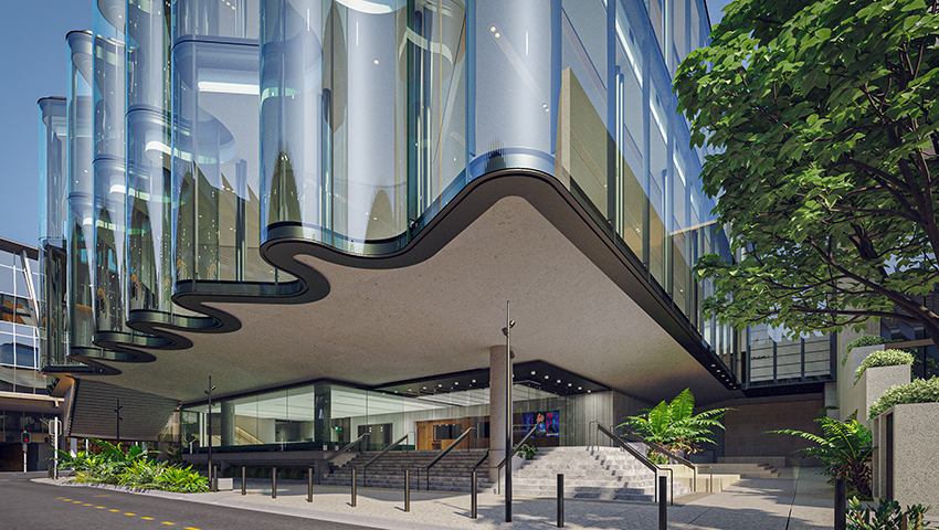 Glasshouse Theatre concept illustration: a building with a curved roof stands next to a large, leafy tree under a clear blue sky.