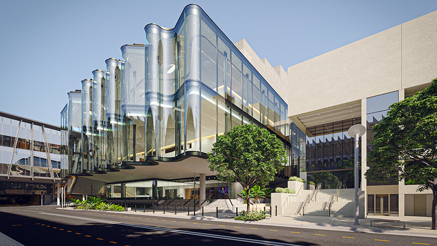 Glasshouse concept illustration: a modern building with a shiny glass front and a green tree standing in front of it.
