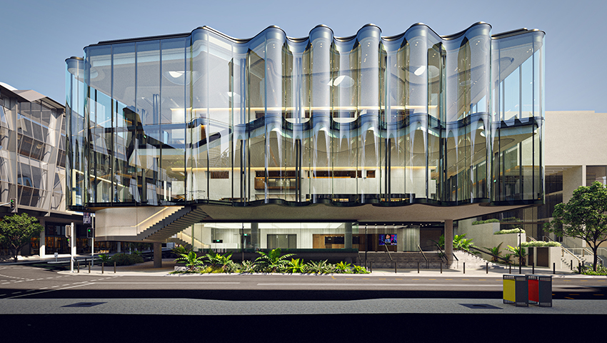 Glasshouse Theatre concept illustration: a sleek building with a transparent glass exterior, showing a contemporary architectural design.