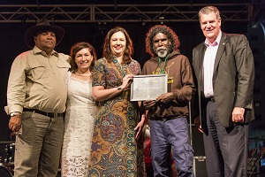 Photo: L-R Dereck Walpo, Aurukun Shire Mayor; Leeane Enoch, Minister for Innovation, Science and the Digital Economy and Minister for Small Business; Premier Annastacia Palaszczuk; winner Garry Namponan; and Mark Furner, Minister for Local Government and Minister for Aboriginal and Torres Strait Islander Partnerships.